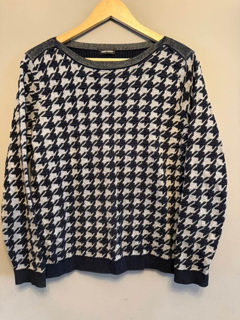 Gerry Weber Navy Grey Houndstooth Knit Jumper Size 42 UK 14 Textured Sweater