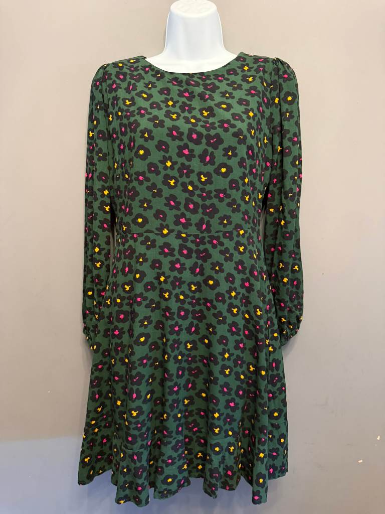 Sugarhill Brighton Green Floral Print Dress UK 10 Long Sleeve Frill Hem EcoVero