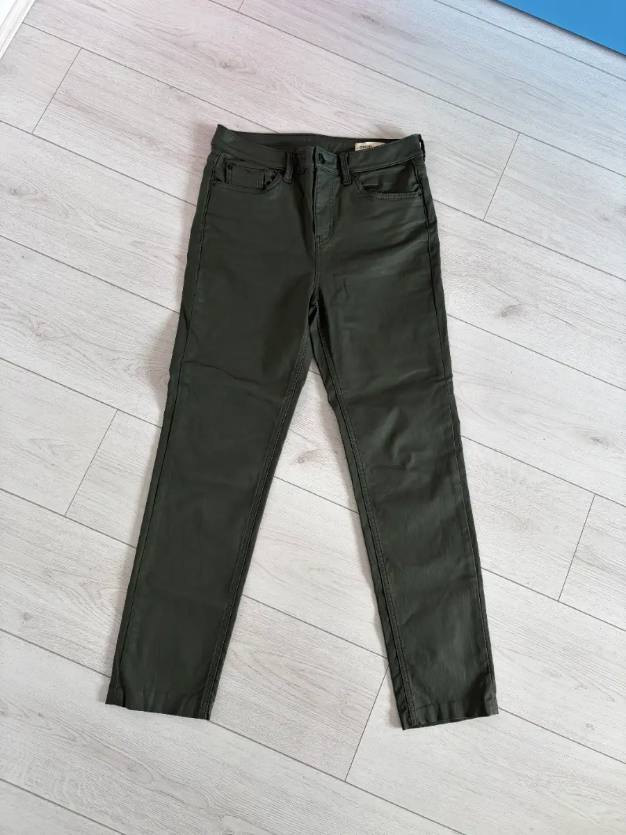 Women's M&S Dark Green Leather Look Straight Leg Trousers Size 12 Short