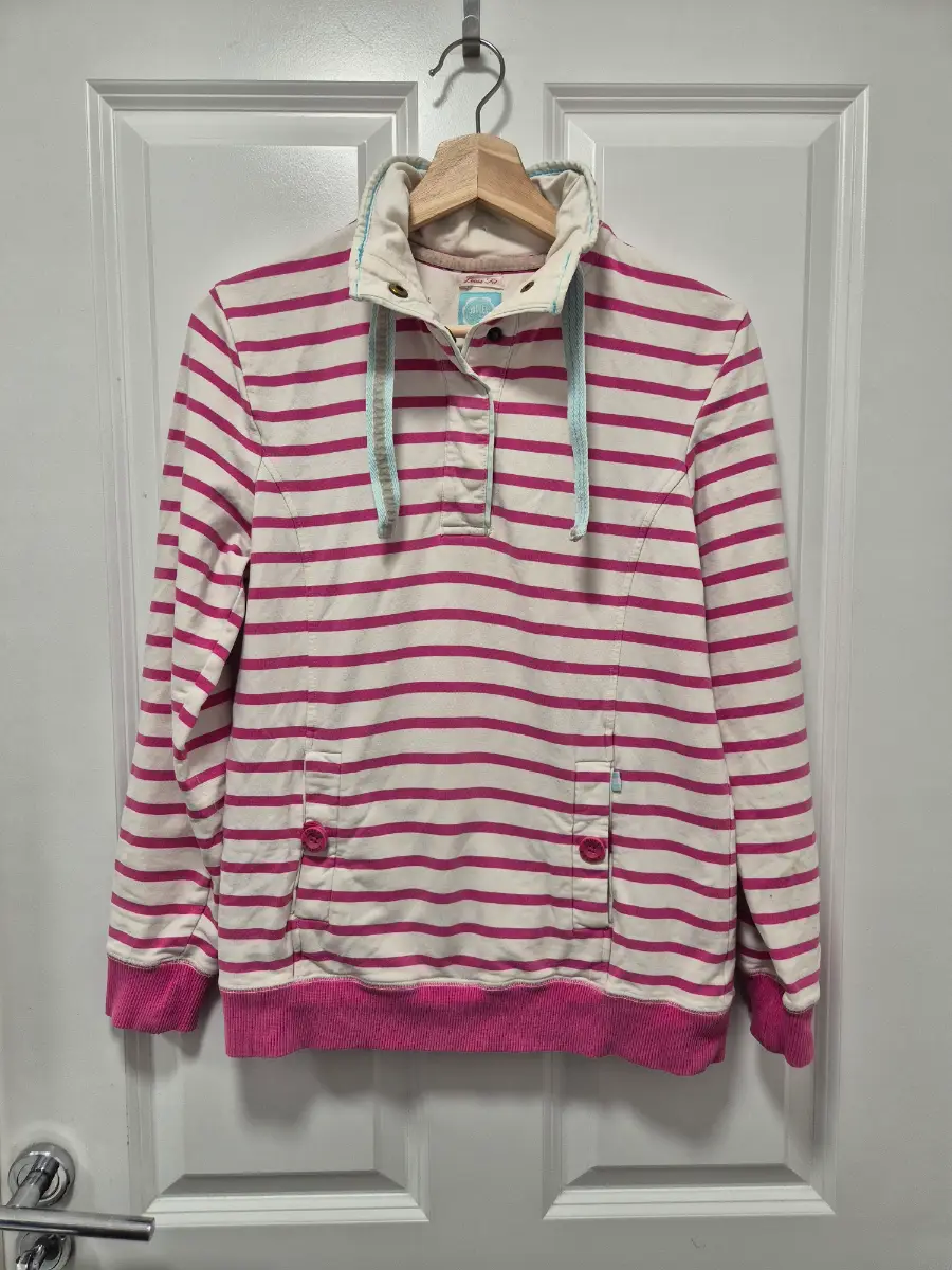 Joules Pink & White Striped Funnel Neck Sweatshirt Jumper UK 8 XS Casual Coastal