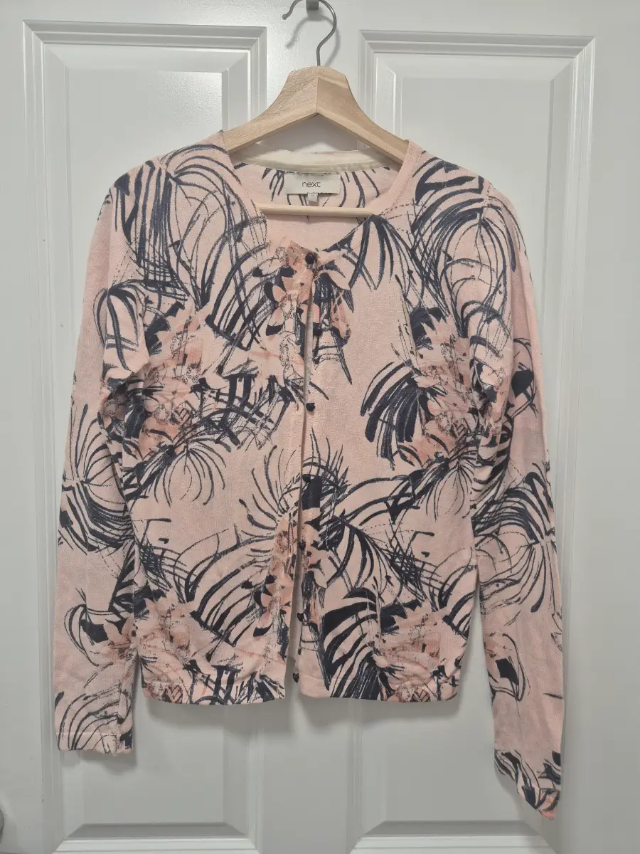 Next Pink Botanical Floral Print Button Front Cardigan UK 10 Cotton Blend Lightweight