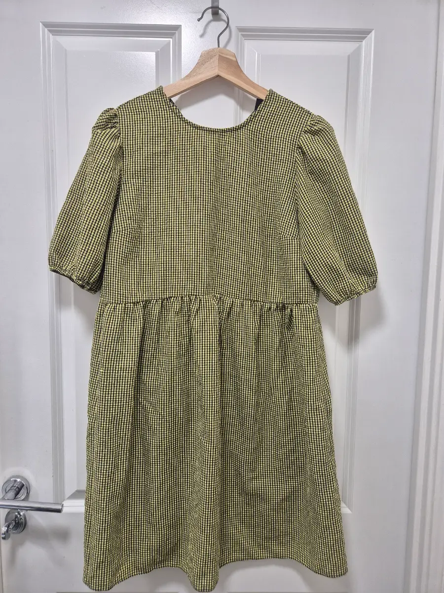 New Look Yellow & Black Gingham Smock Mini Dress UK 10 Puff Sleeve Open Back Tie