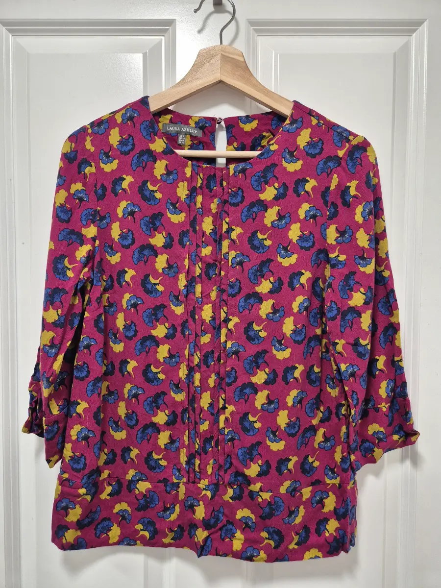 Laura Ashley Floral Print Blouse UK 8 Pink Purple Blue Yellow 100% Viscose 3/4 Sleeve