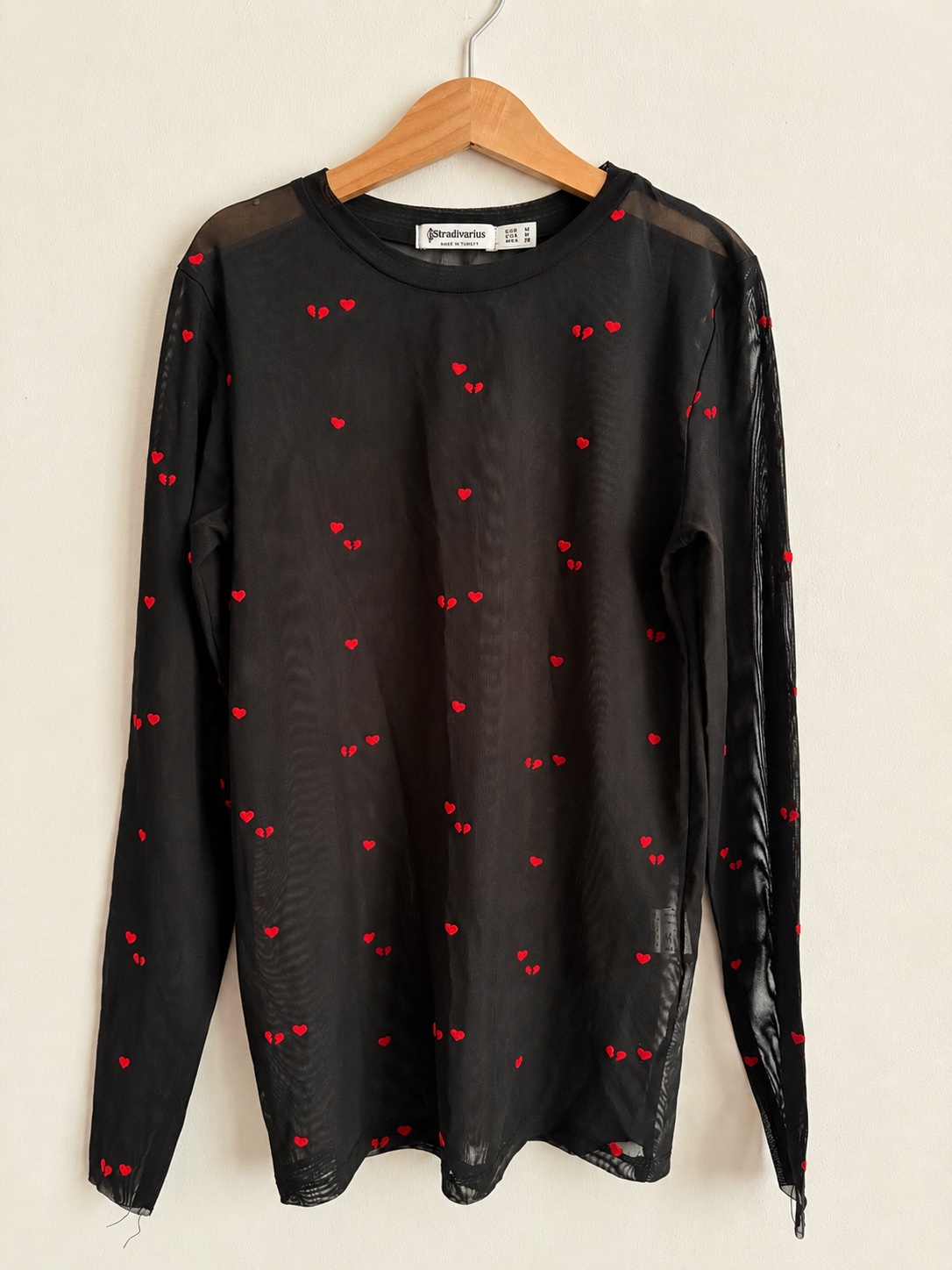 Stradivarius Black Mesh Long Sleeve Top With Red Hearts