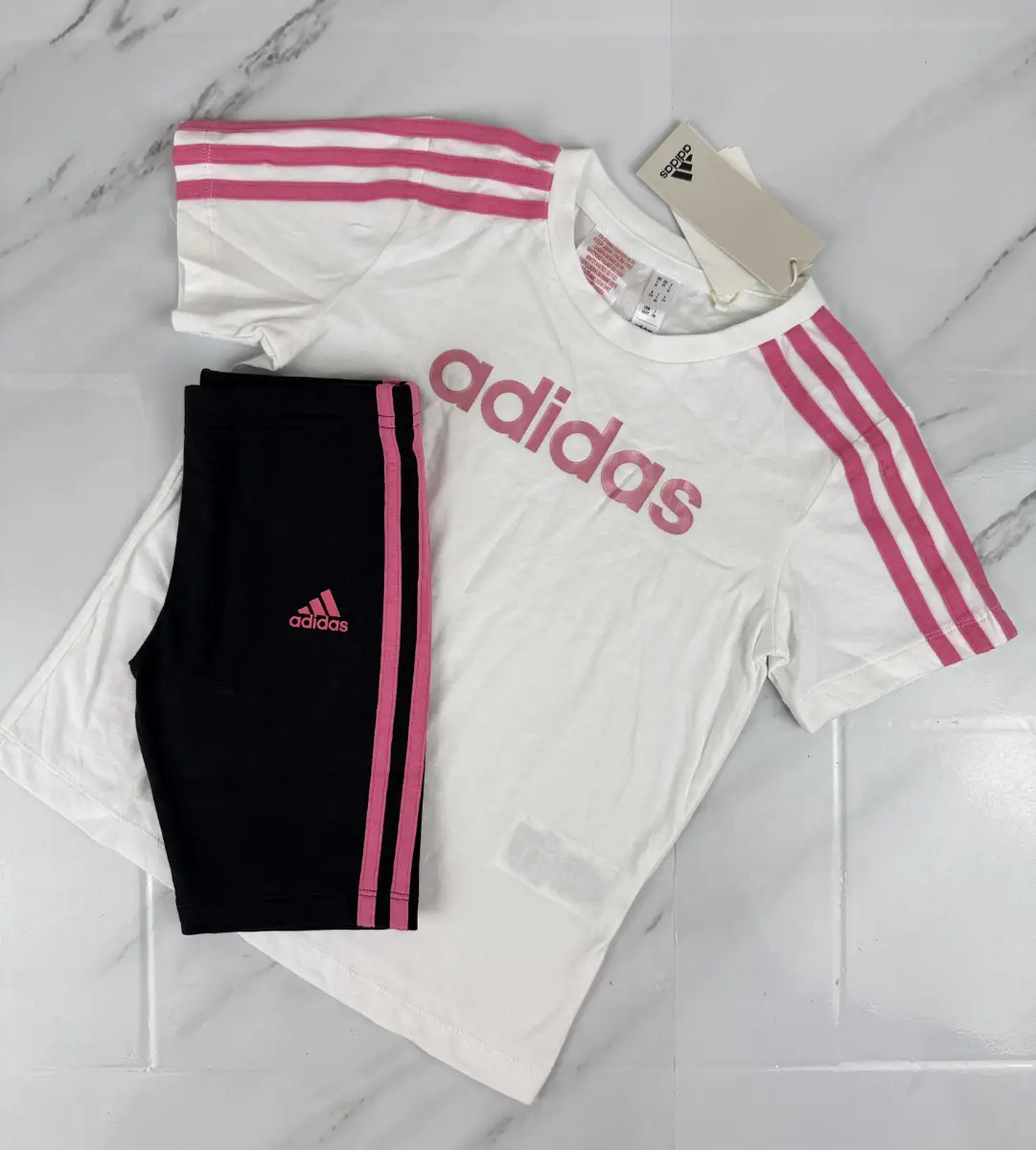 Adidas Girls Linear T-Shirt/Shorts Set  White/Black/Pink  Size 7-8 Years S0470