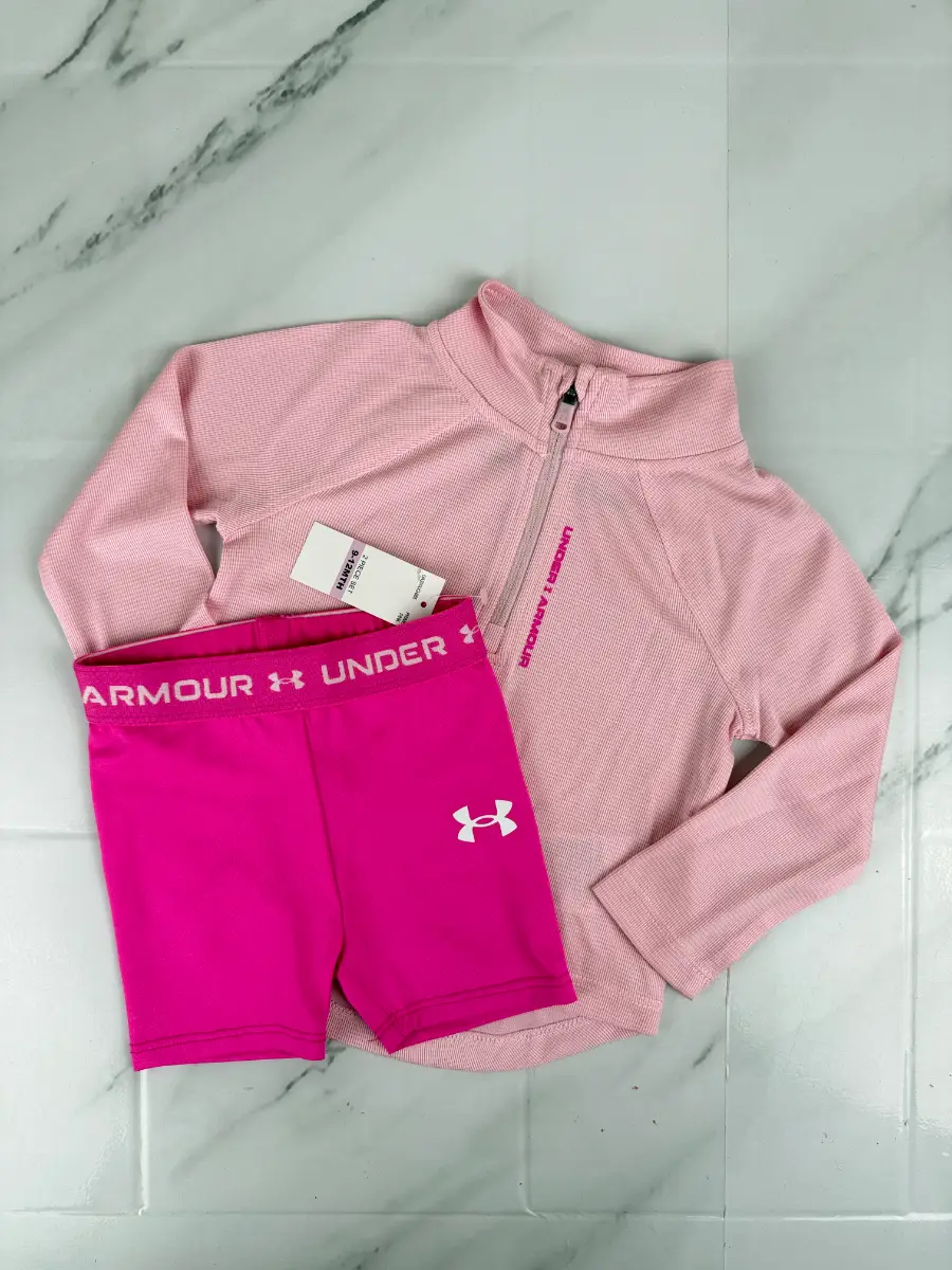 Girls Under Armour Tech Twist 1/4 Zip Top and Shorts Set  Pink Size 9-12 Months S0497
