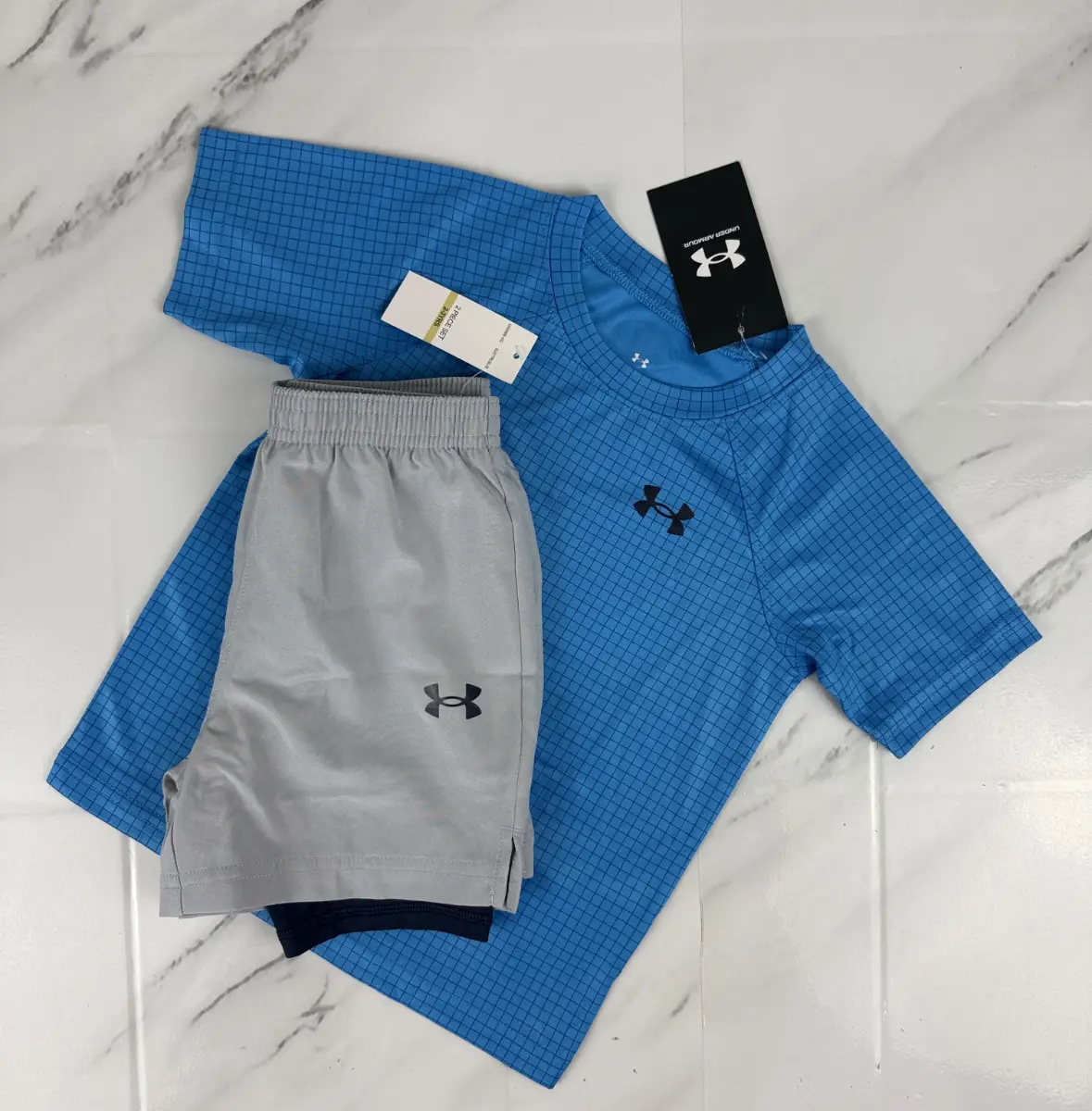 Toddler's Under Armour Tech Emboss T-Shirt &Shorts Set Blue/Grey Size 2-3 Years S0466