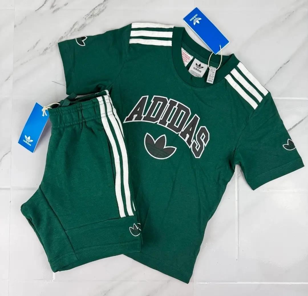 Adidas Originals Varsity T-Shirt/Short Set Bottle Green/White  Size 6-7 Years S0464