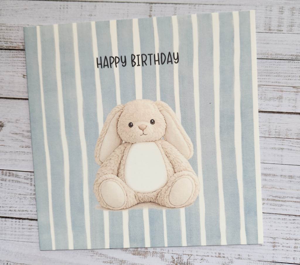 6 x 6 inch Cute Plush Bunny Birthday Card - Can be Personalised