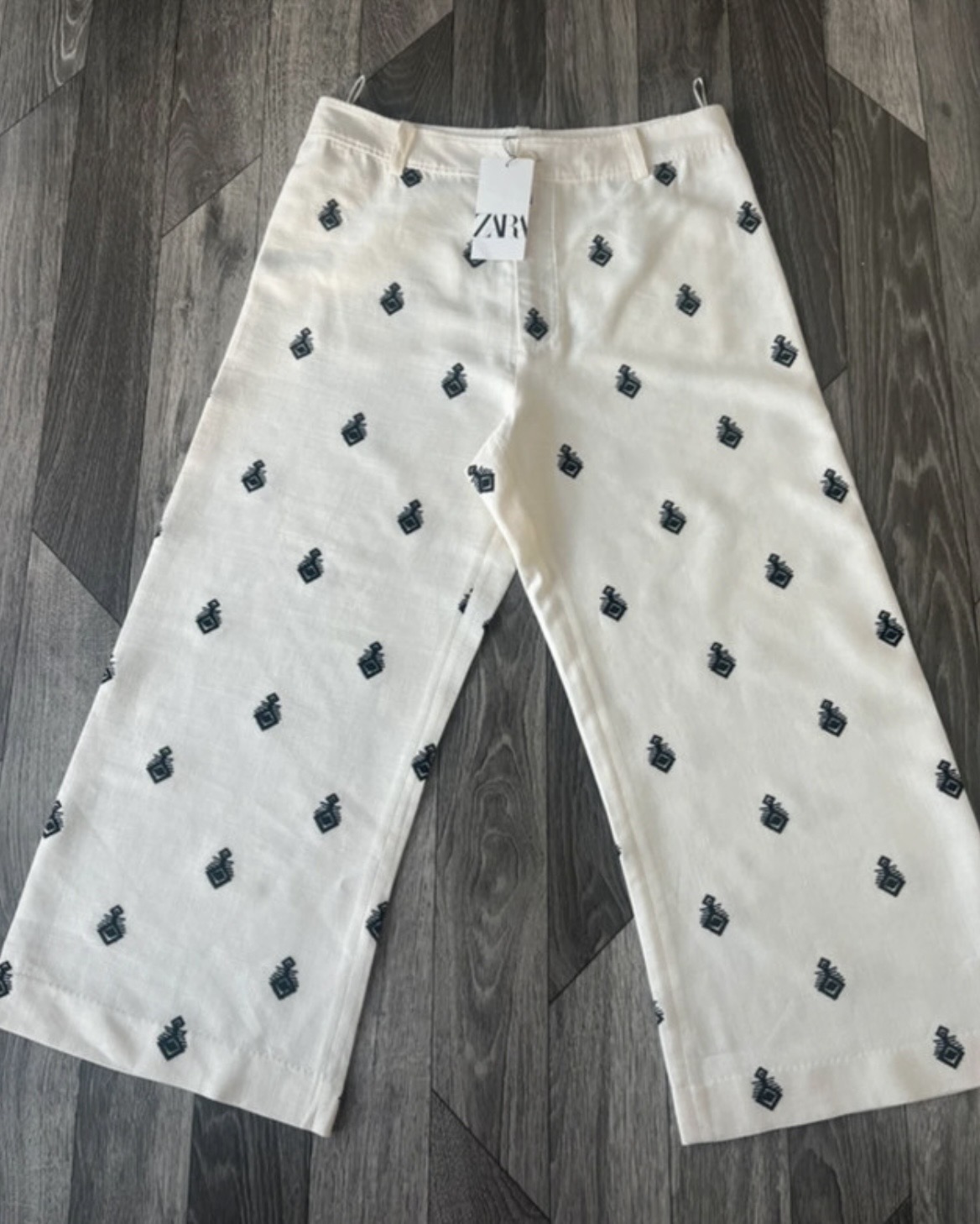 Zara Cream ZW collection wide leg black Aztec Embroidered trousers linen mix summer XL size 14