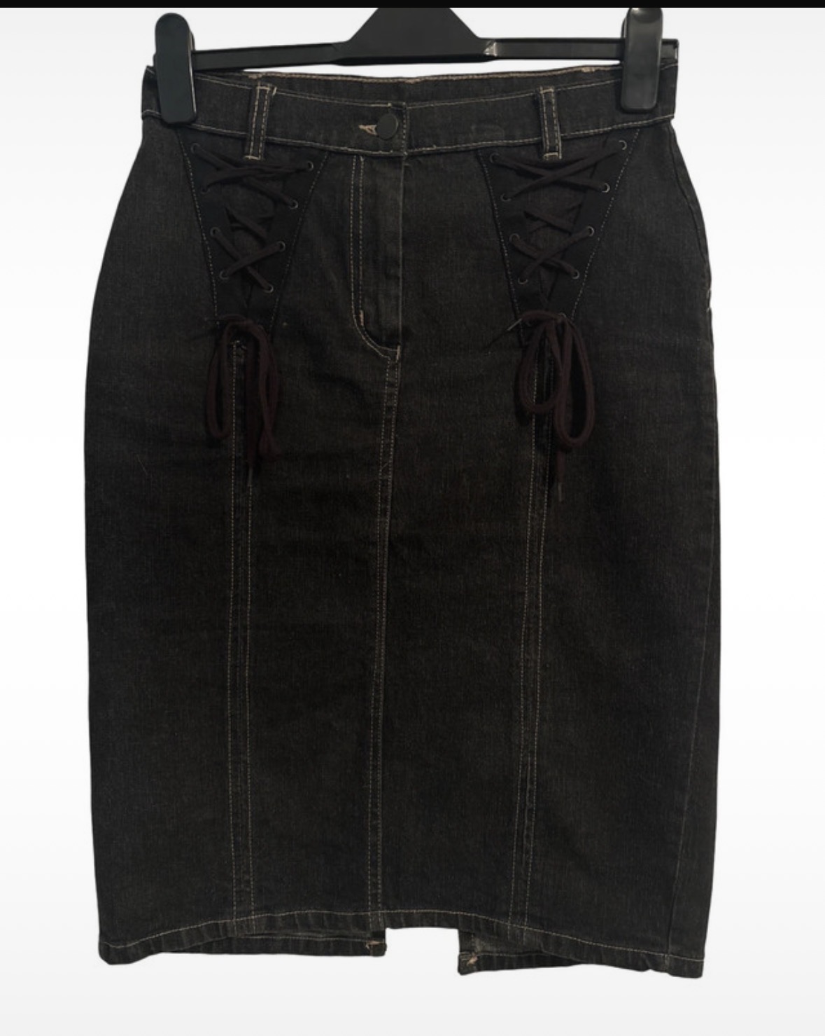 Motivi Jeans Black Denim Lace Up Front Midi Skirt