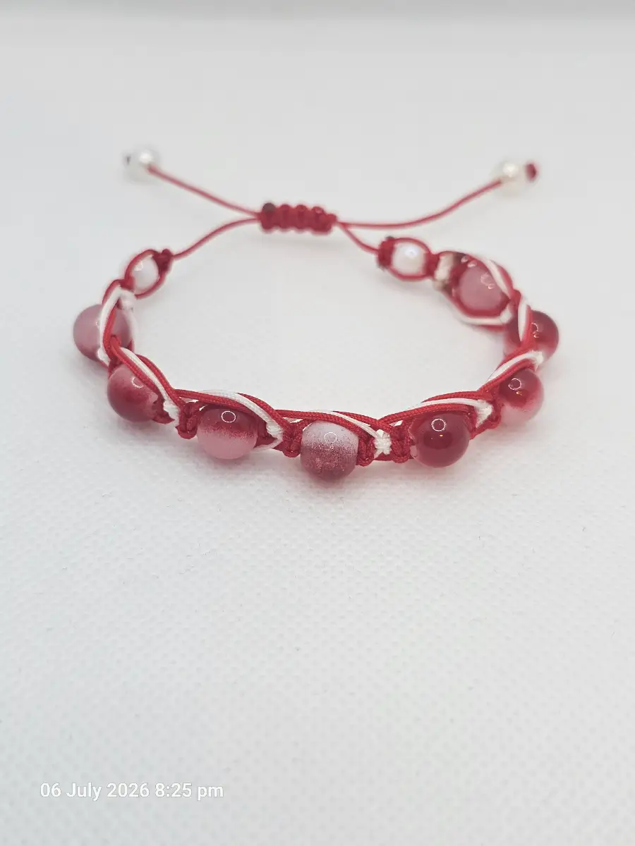Handemade red and white macrame bracelet