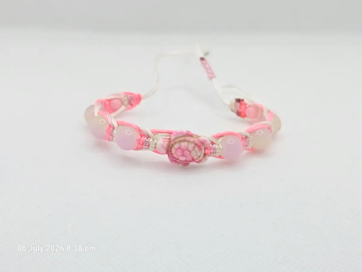 White and pink turtle macrame adjustable bracelet