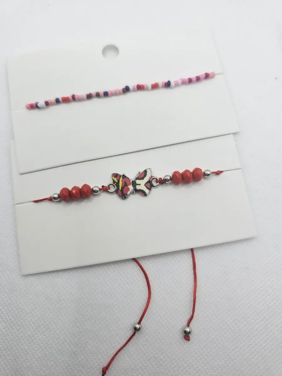 2 bracelets red butterfly and multi coloured