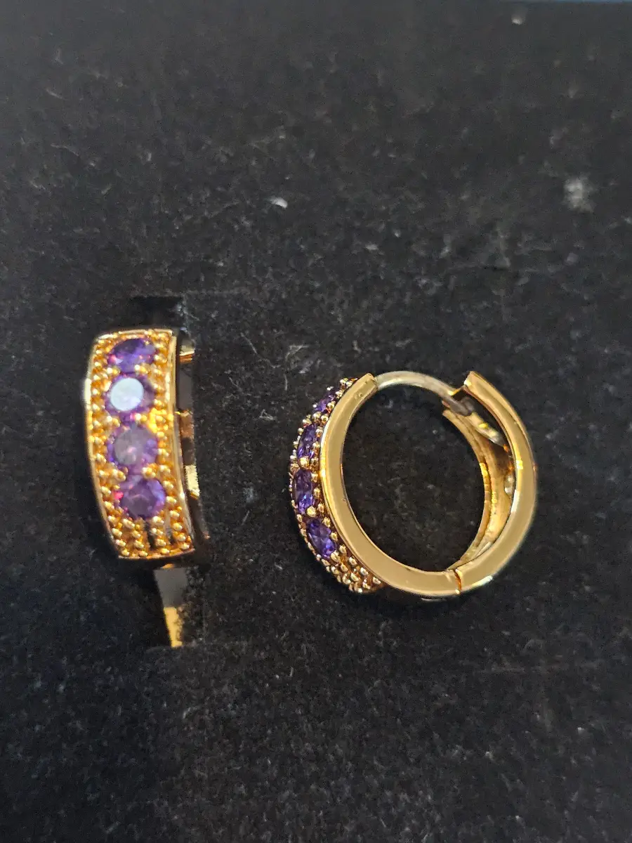Small Gold Hoop Earrings With Purple Stones