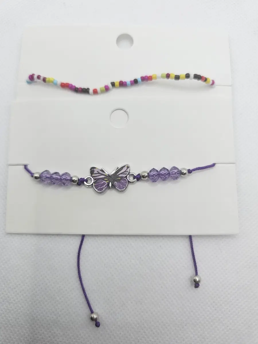 2 HandMade Bracelets Butterfly Purple and Multi Coloured