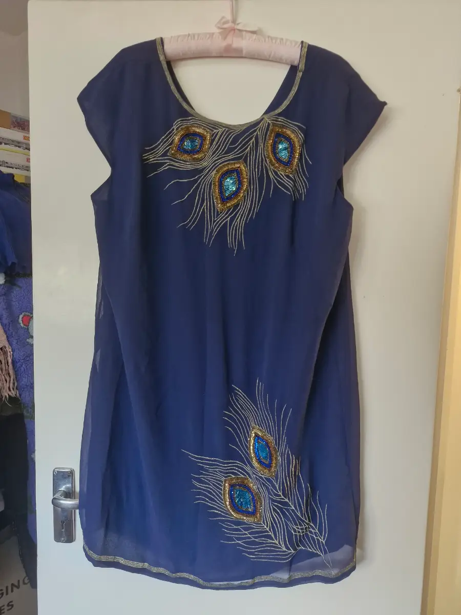 Stunning Peacock Feather Sequin Navy Dress | South | Size 20 | Fully Lined