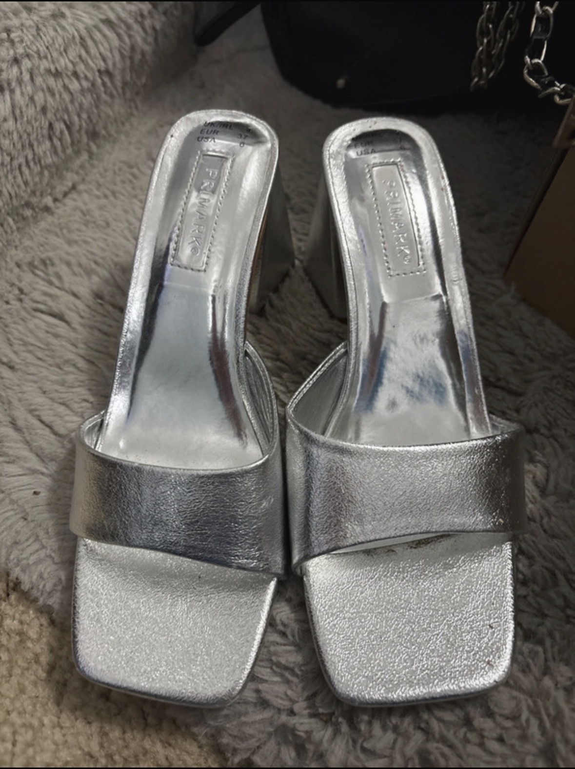 Preloved Primark silver block heel mules size 4