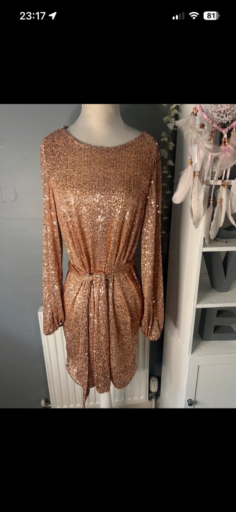 River Island rose gold sequin long sleeve belted waist party dress uk 12