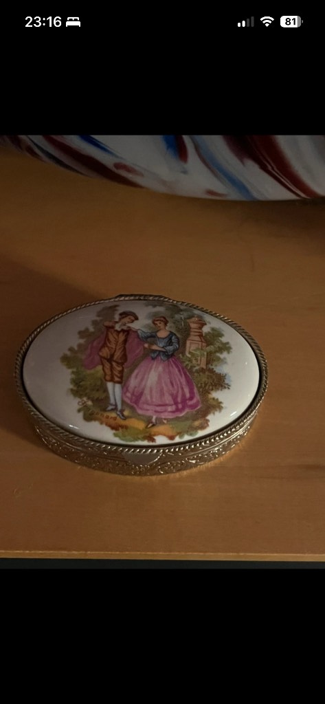 Vintage oval silver trinket box pill box with porcelain Fragonard courting scene lid
