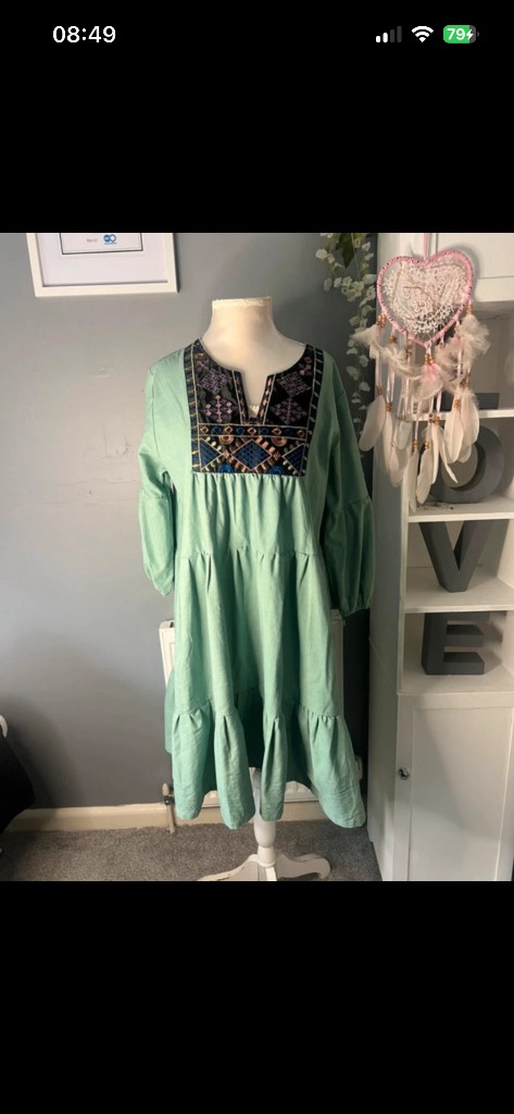 Sage green boho tiered tunic dress embroidered yoke relaxed fit size M