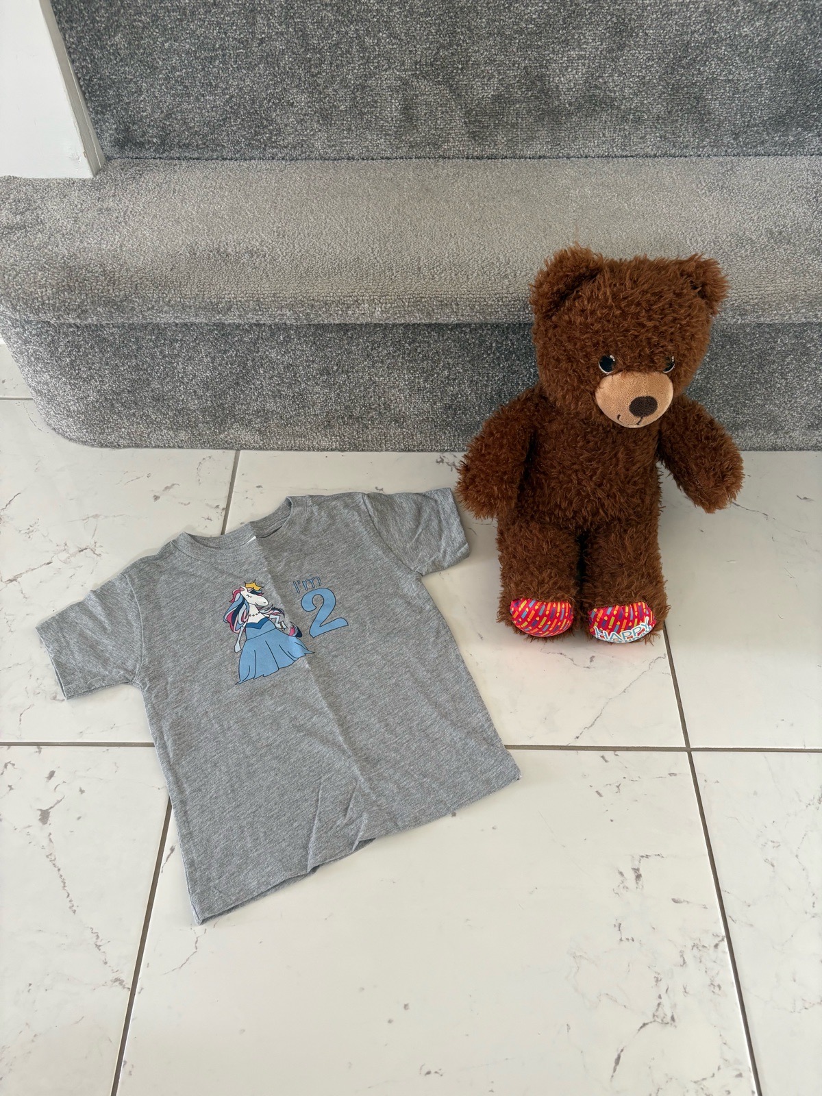 Grey Girls 2nd Birthday Unicorn T-Shirt Size 2T and Build a Bear Brown Happy Birthday Teddy Bear