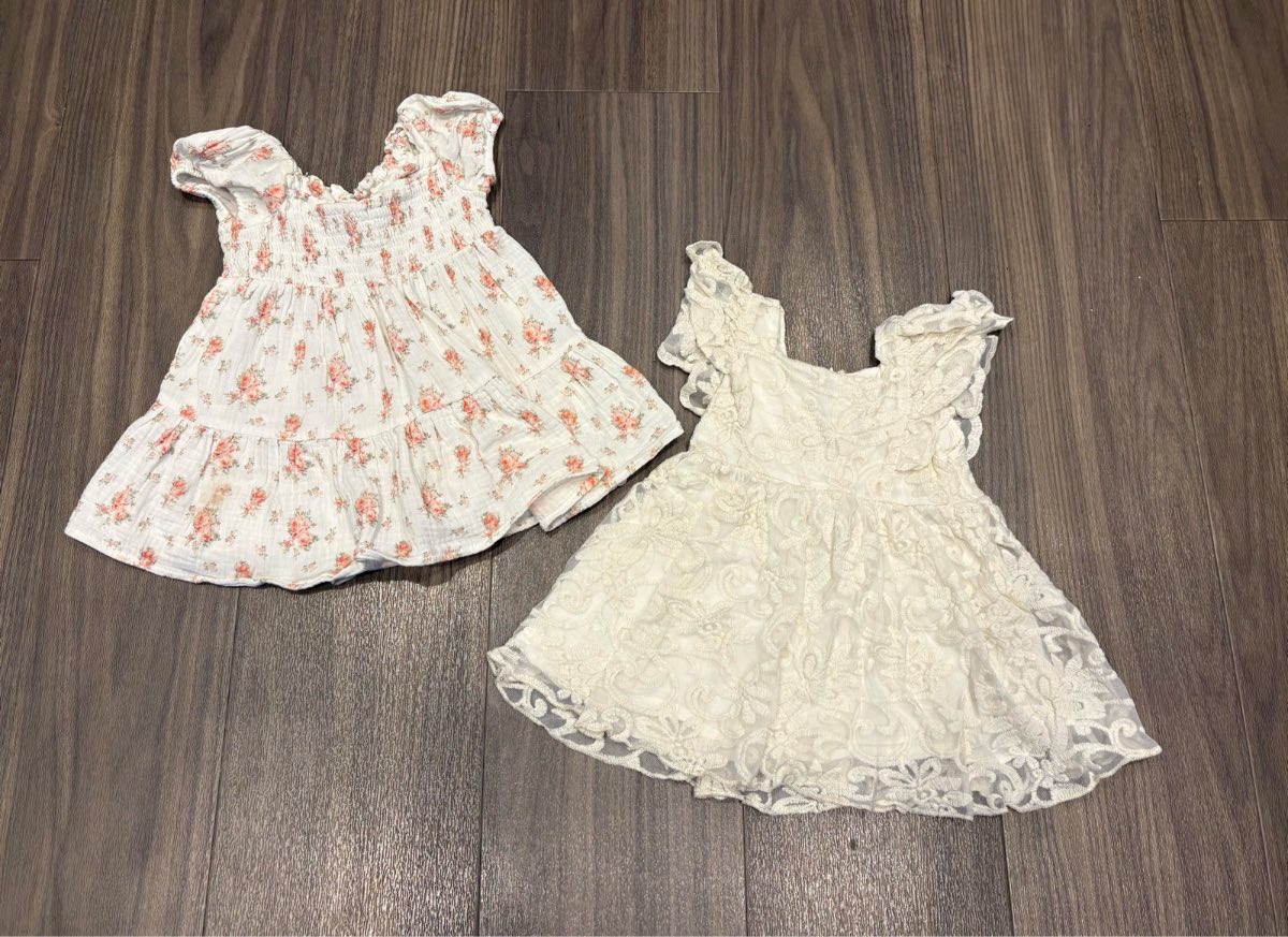 Baby Girl White Floral Smocked Dress and White Lace Overlay Dress Age 9-12 Months