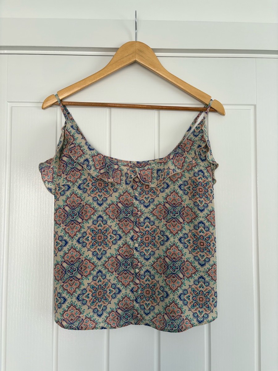 Primark Boho Geometric Tile Print Ruffle Camisole Top Tank Size 10