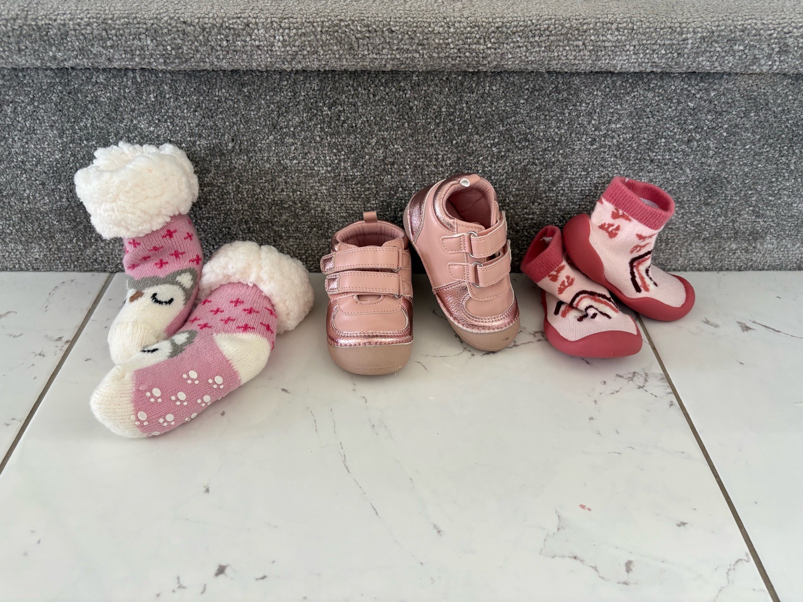 Baby First Walking Shoes Bundle - Pink Trainers, Rainbow Sock Shoes, Fuzzy Slipper Socks / Size 3