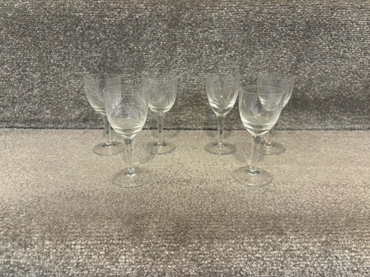 Vintage Etched Sherry/Port Glasses x6
