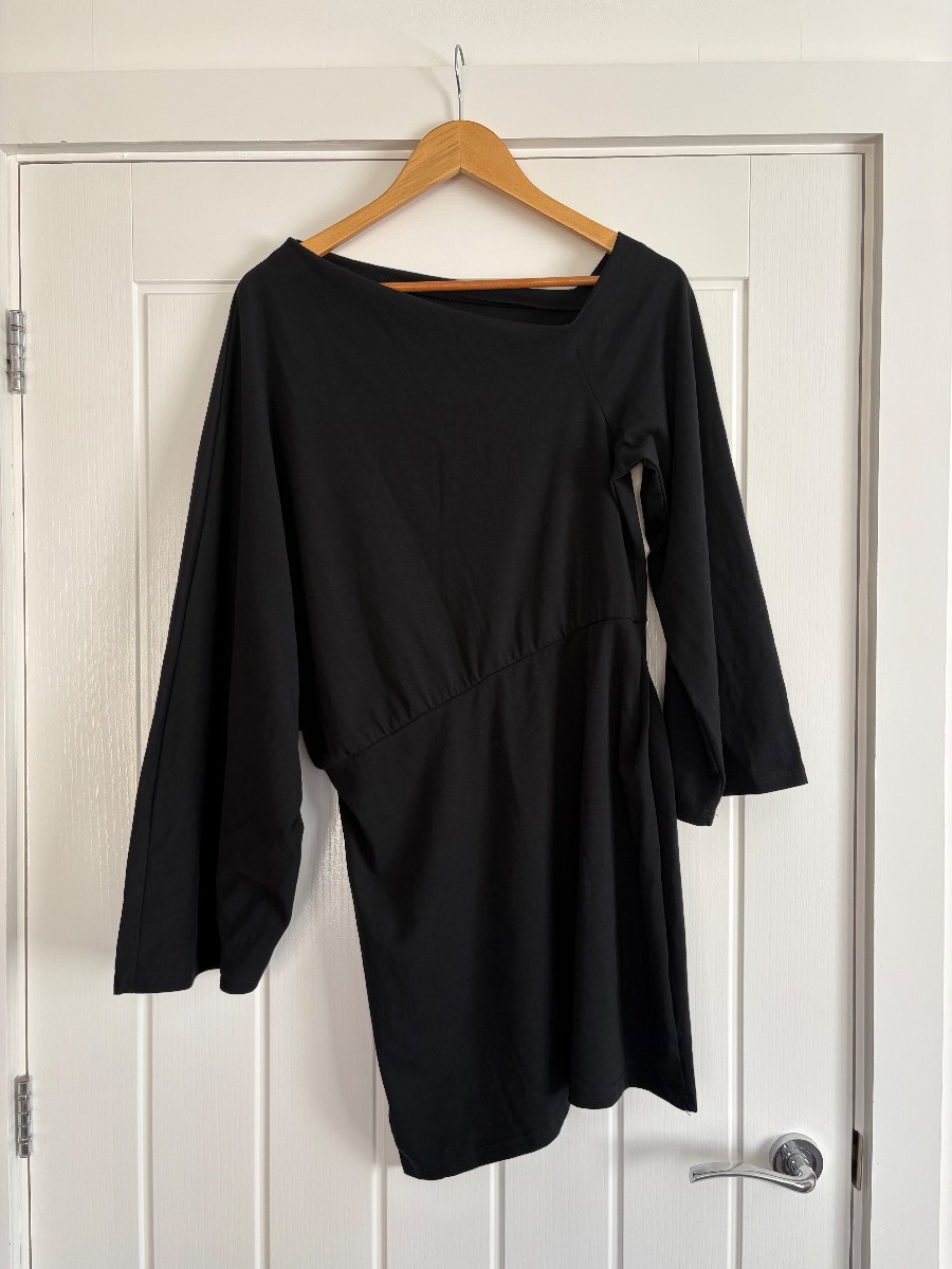Shein Asymmetric Black Mini Dress with Wide Flare Sleeves – Size L (12/14)