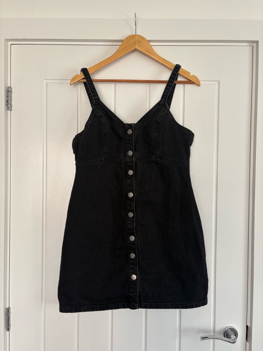 Topshop Black Denim Button-Up Mini Dress / Pinafore Cami Dress Size 14
