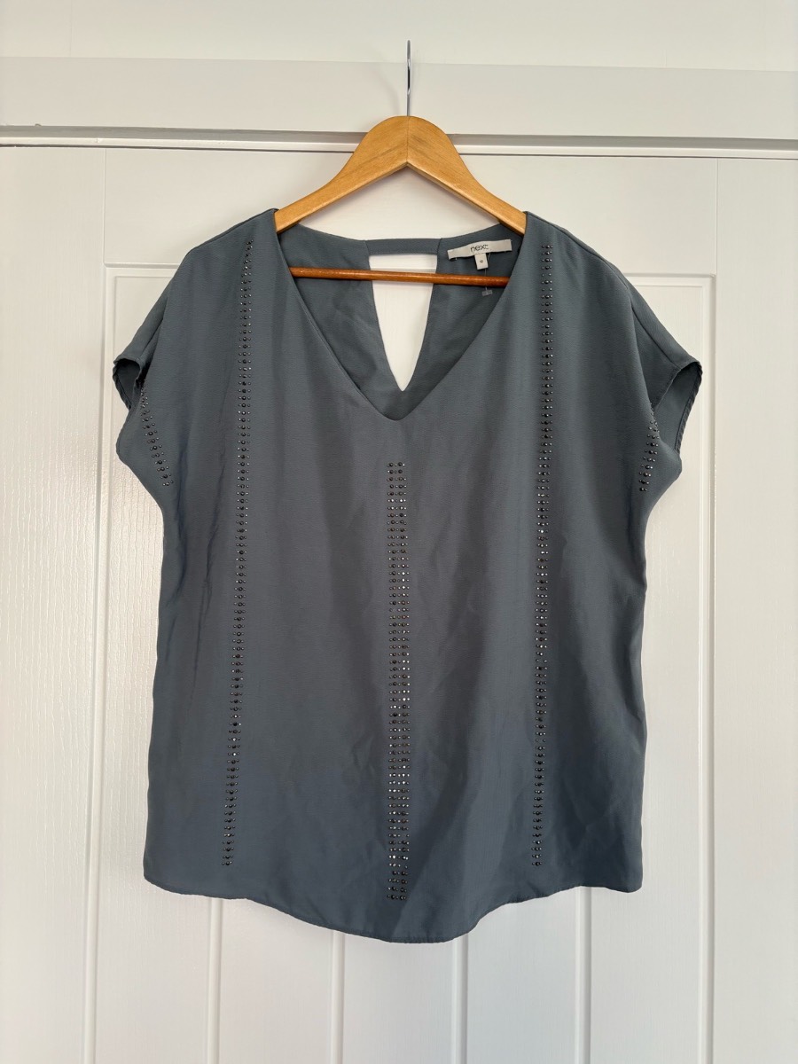 Next Dark Grey Studded V-Neck Blouse with Back Cut-Out – Size 12
