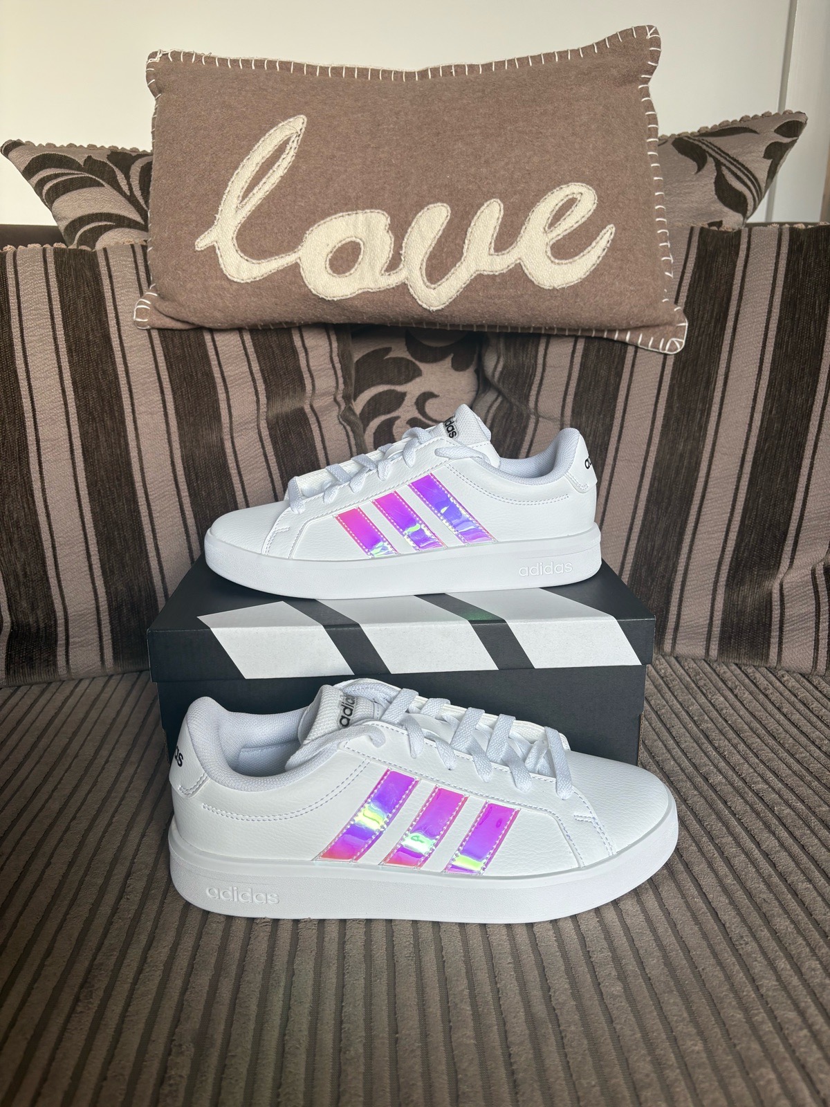 Adidas Grand Court White Trainers with Iridescent Holographic Stripes Size 5