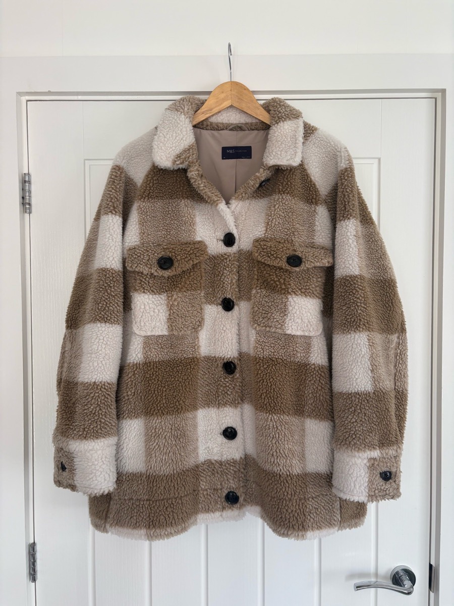 Women’s M&S Collection Teddy Borg Checked Shacket Jacket Beige Brown Cream Plaid - Size 20
