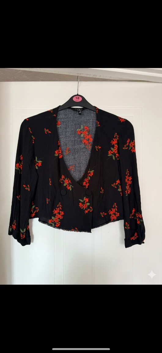 New Look Black Floral Wrap Blouse Size 14