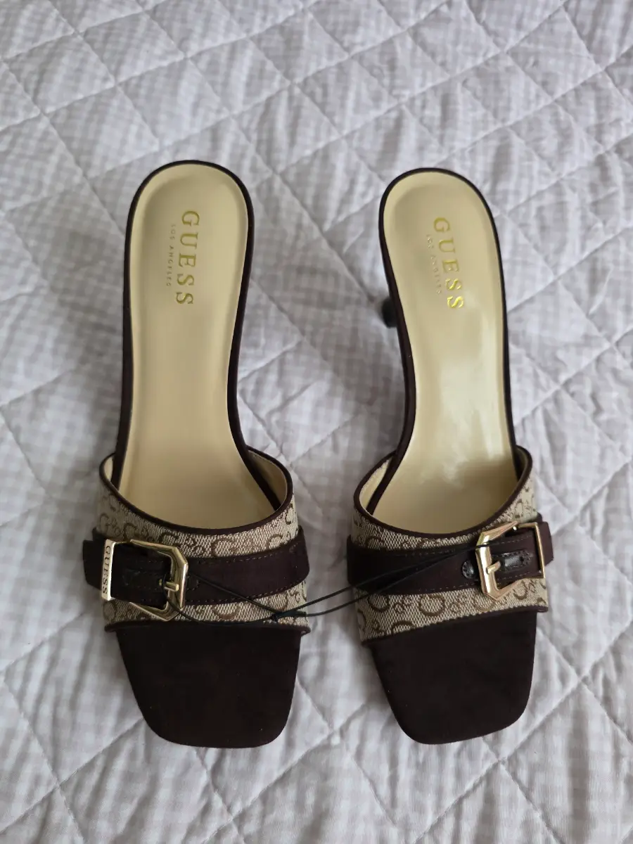 stunning viral brown and beige GG buckle guess kitten heel mules/ sandals size 6