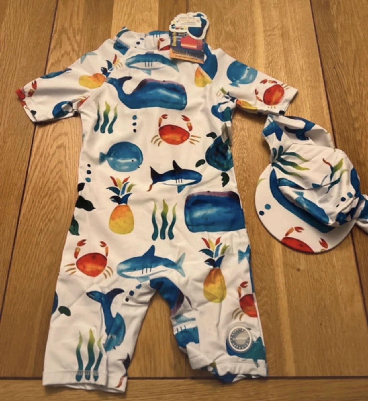 Whale and crab cute boys one piece swimsuit size 18-24 months