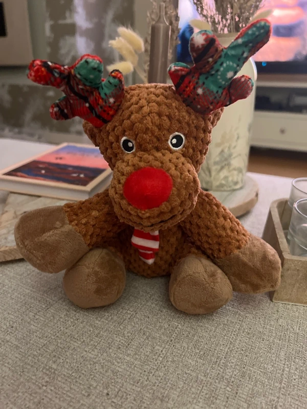 Christmas Dog Toy – Reindeer Plush with Squeaker & Crinkle Ears Durable Corduroy