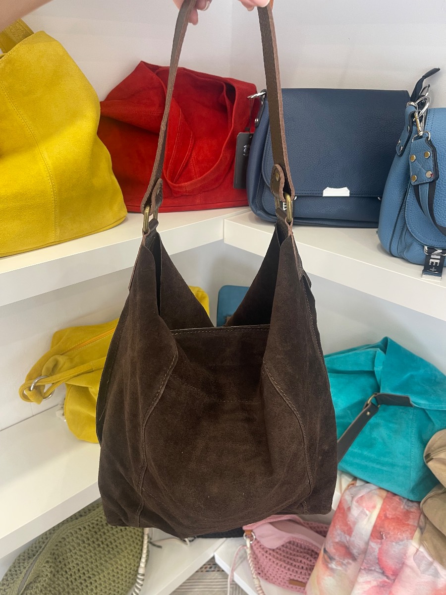 Genuine Italian suede hobo bucket bag in chocolate brown