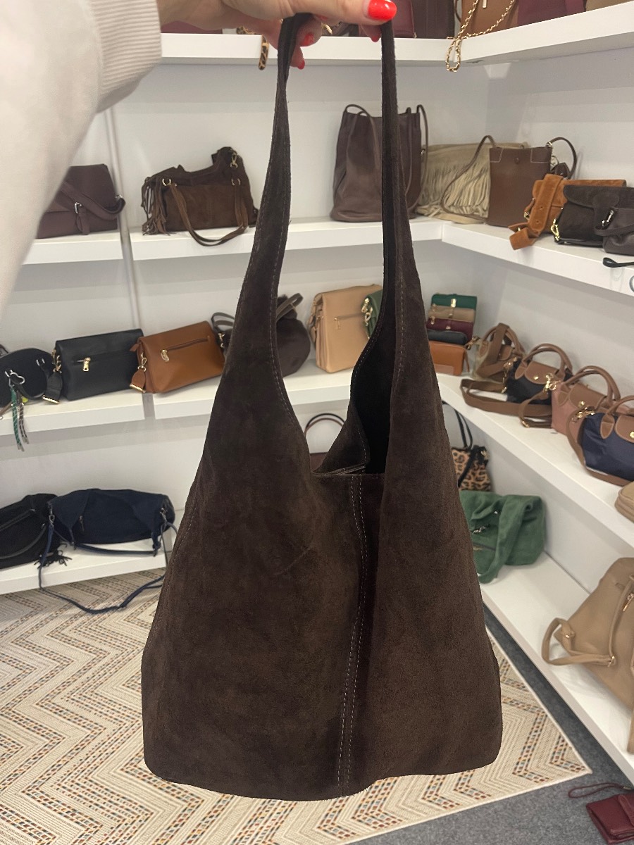Genuine Italian leather suede hobo bag in chocolate brown
