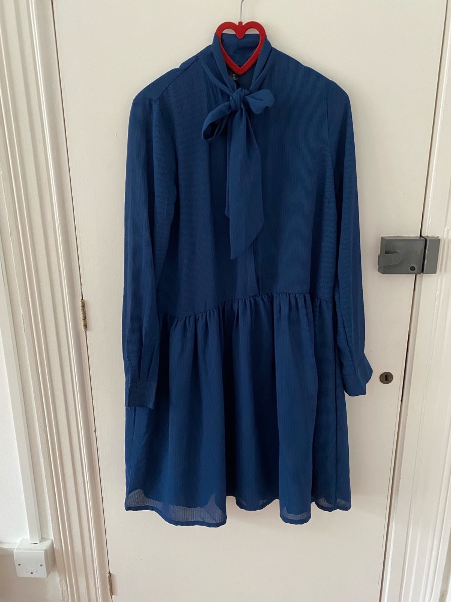 Navy Blue Dress Tie-neck Comfortable Regular Fit Long Sleeve Midi Dress UK L