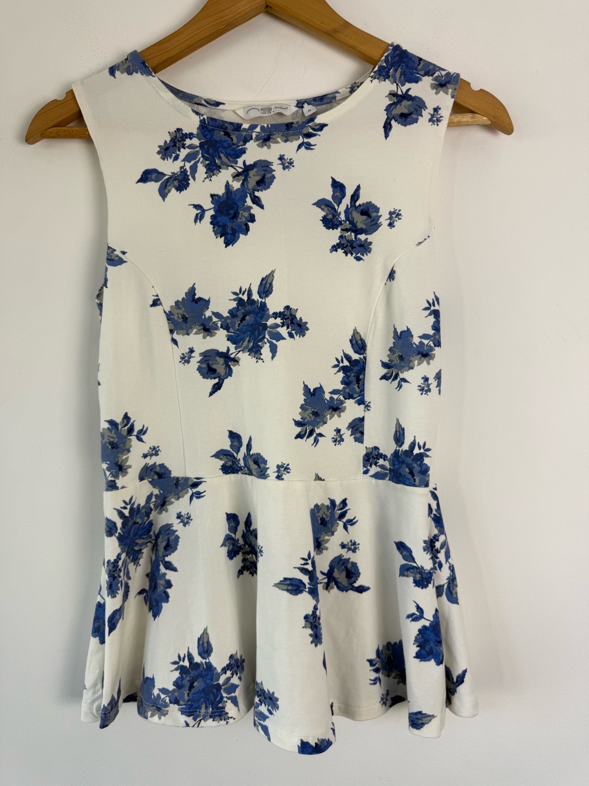 New look peplum white and blue floral top size 12