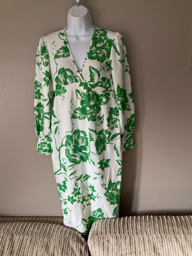 Boohoo Green White Floral Midi Dress Size 10 Puff Sleeve Tie Back