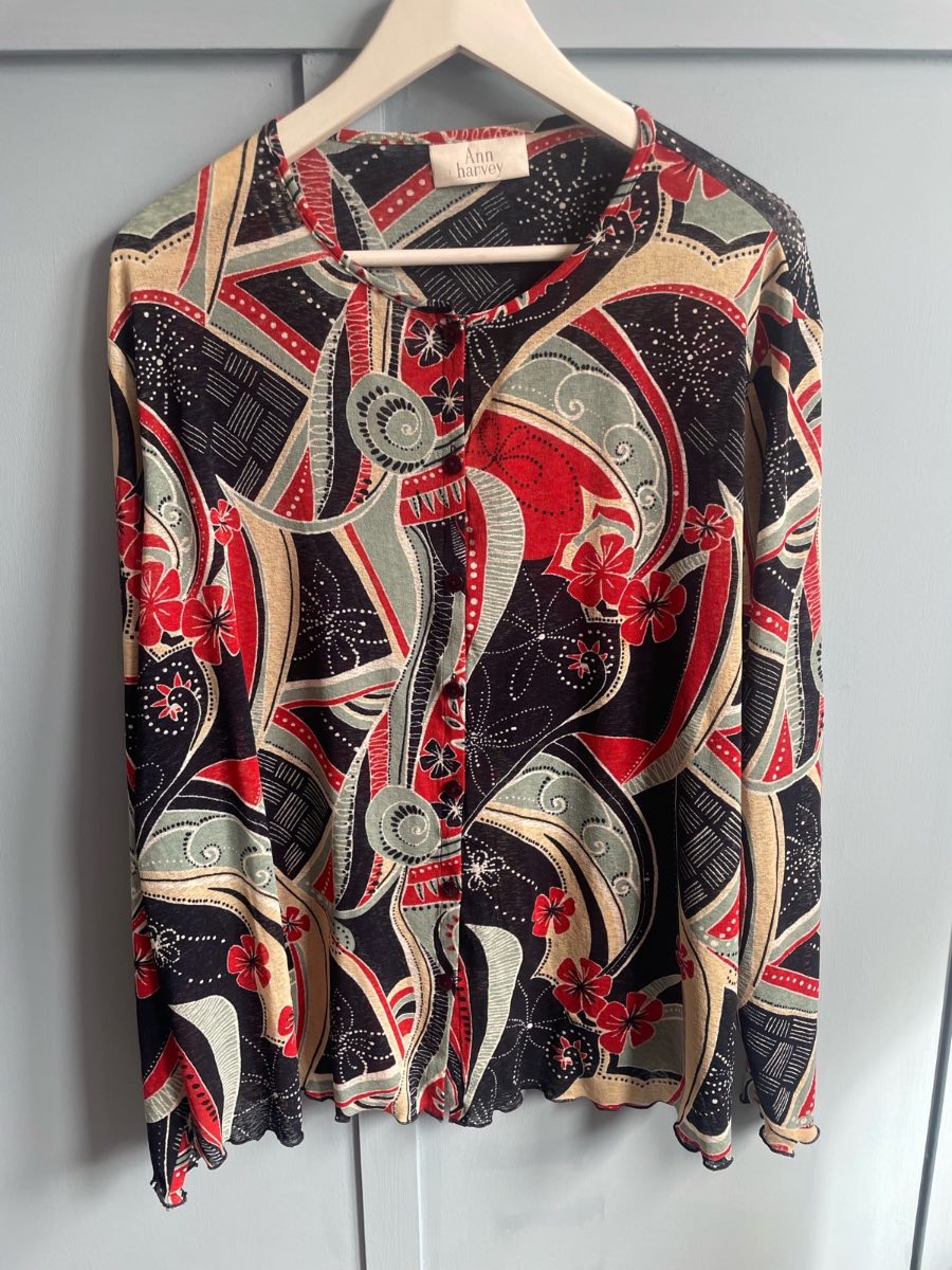 Ann Harvey Vintage Style Abstract Print Semi Sheer Blouse Top Red Black Beige Plus Size 28 VGUC