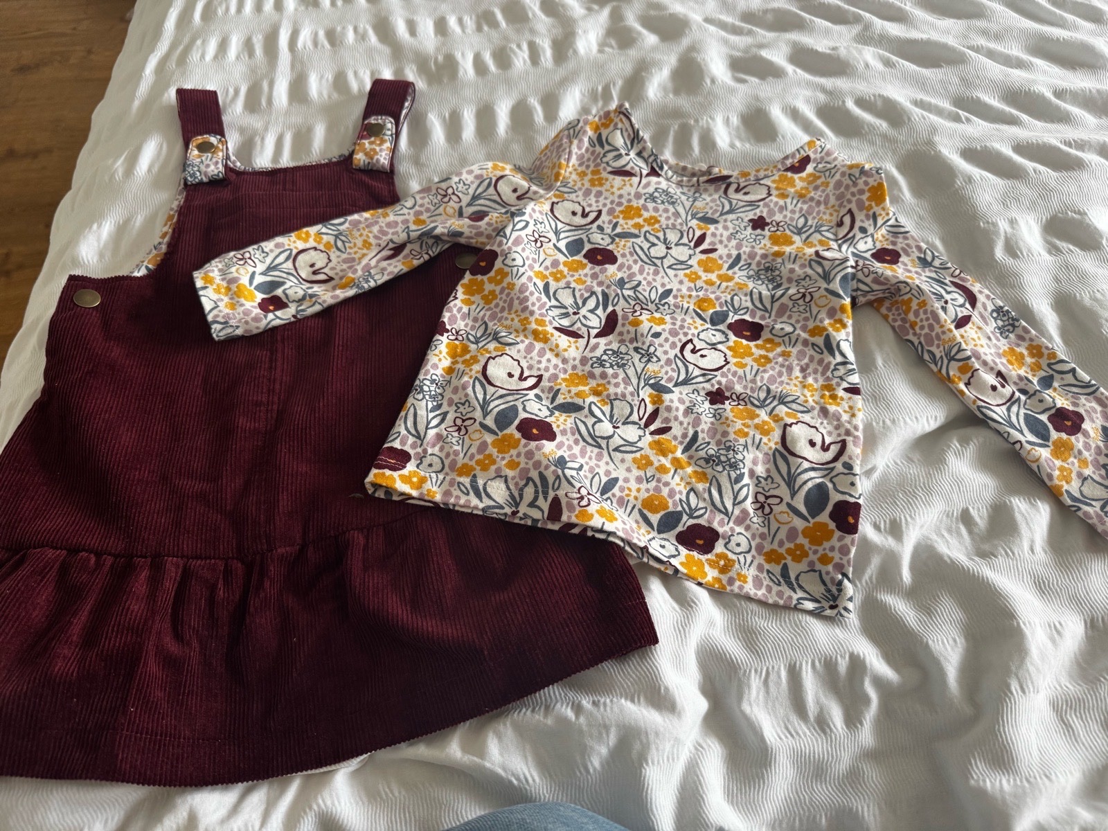 Nutmeg Maroon Corduroy Pinafore Dress & Floral Top Set - 2-3 Years