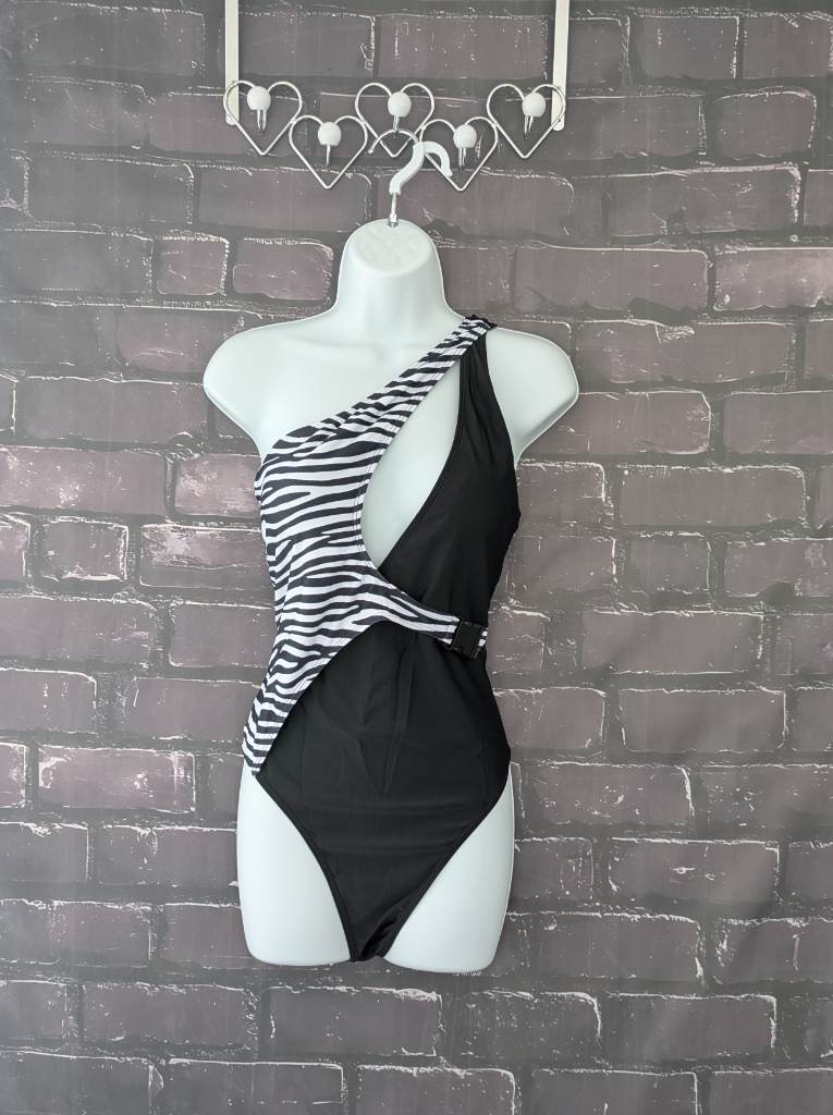 Women's One Shoulder Swimsuit black animal print flattering bathing costume holiday - Size 12