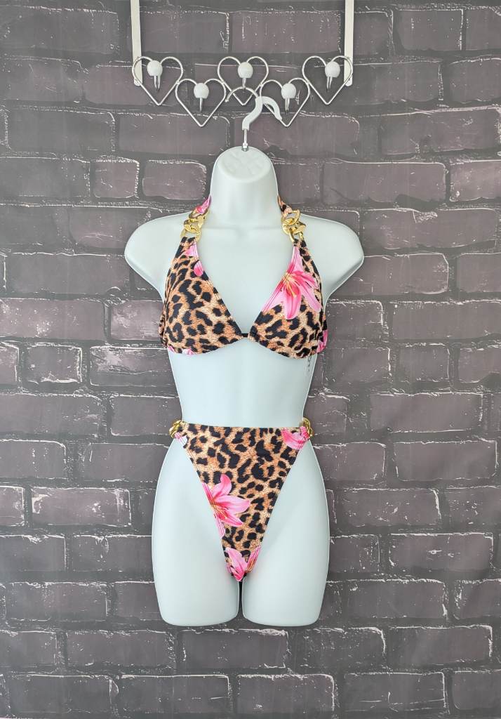 Women's Floral Leopard Print Bikini gold embellished string high leg padded holiday - Size 16