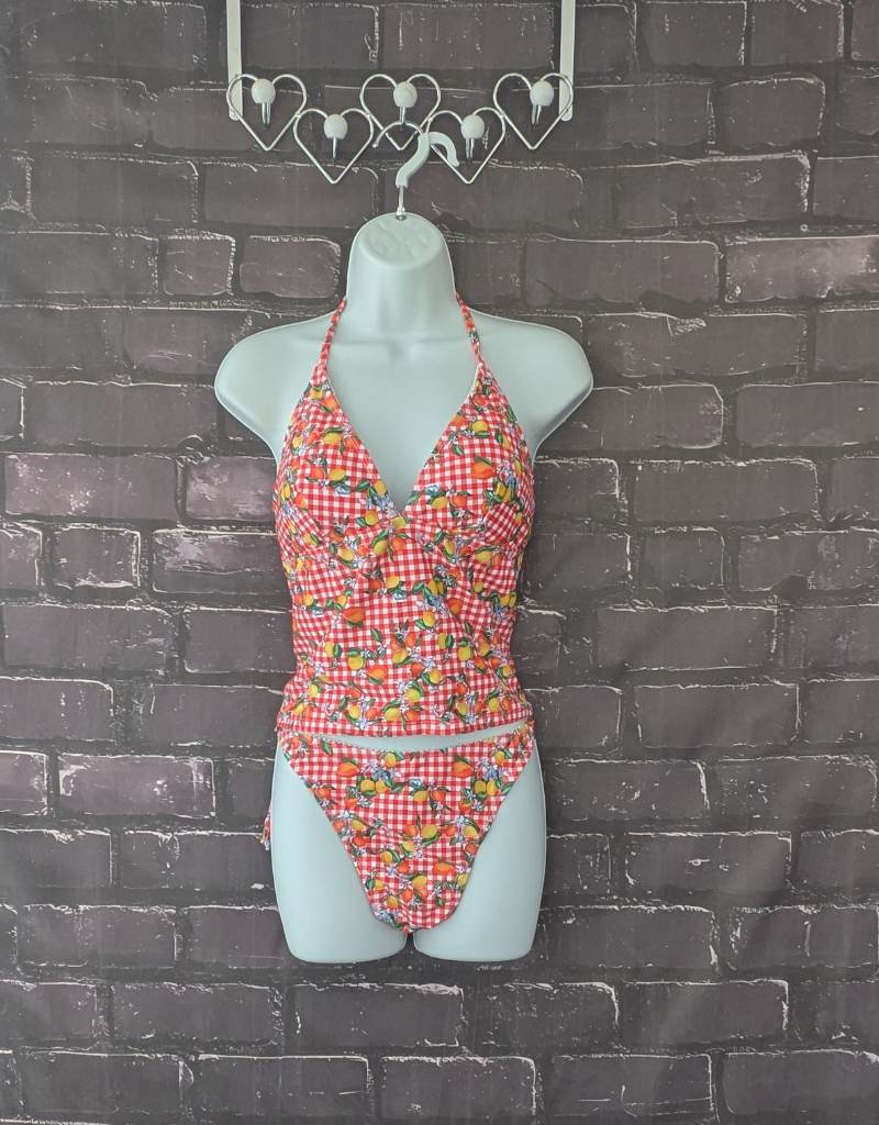 Women's Coral Tankini gingham fruit print halter neck string holiday - Size 16/18