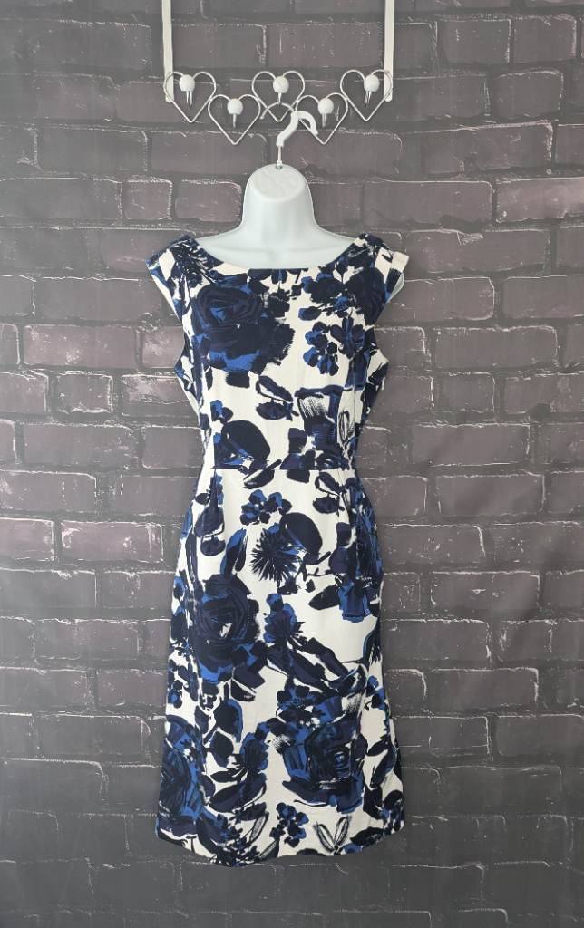 Planet Shift Dress navy white floral scoop back wedding occasion guest - Size 12